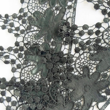 Black Faux Leather Flower And Cotton Embroidered Trim Lace, Black Floral Embroidery, Fringe Trim